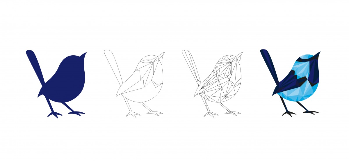 The wireframe of the blue wren turning into the polywren