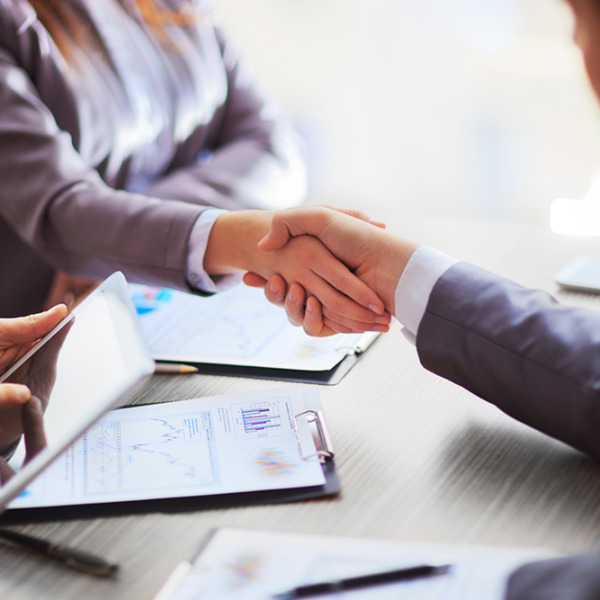 Businessman and woman shaking hands during a meeting