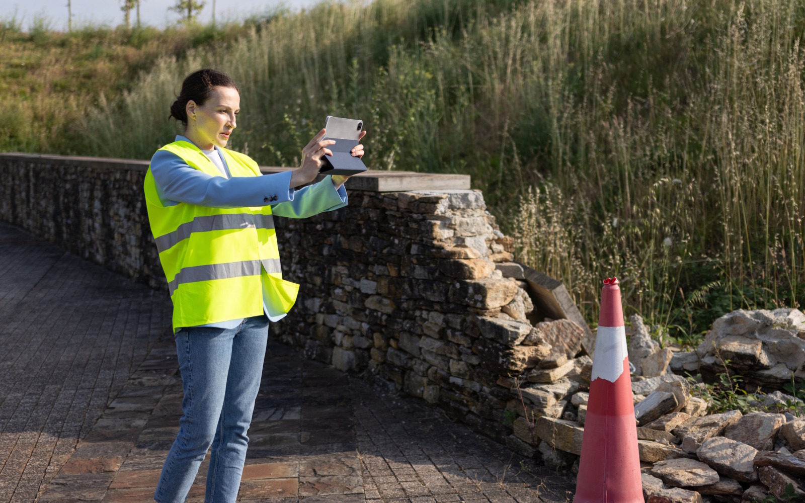 Insurance claims consultant taking a photo with her tablet to a damaged stone wall